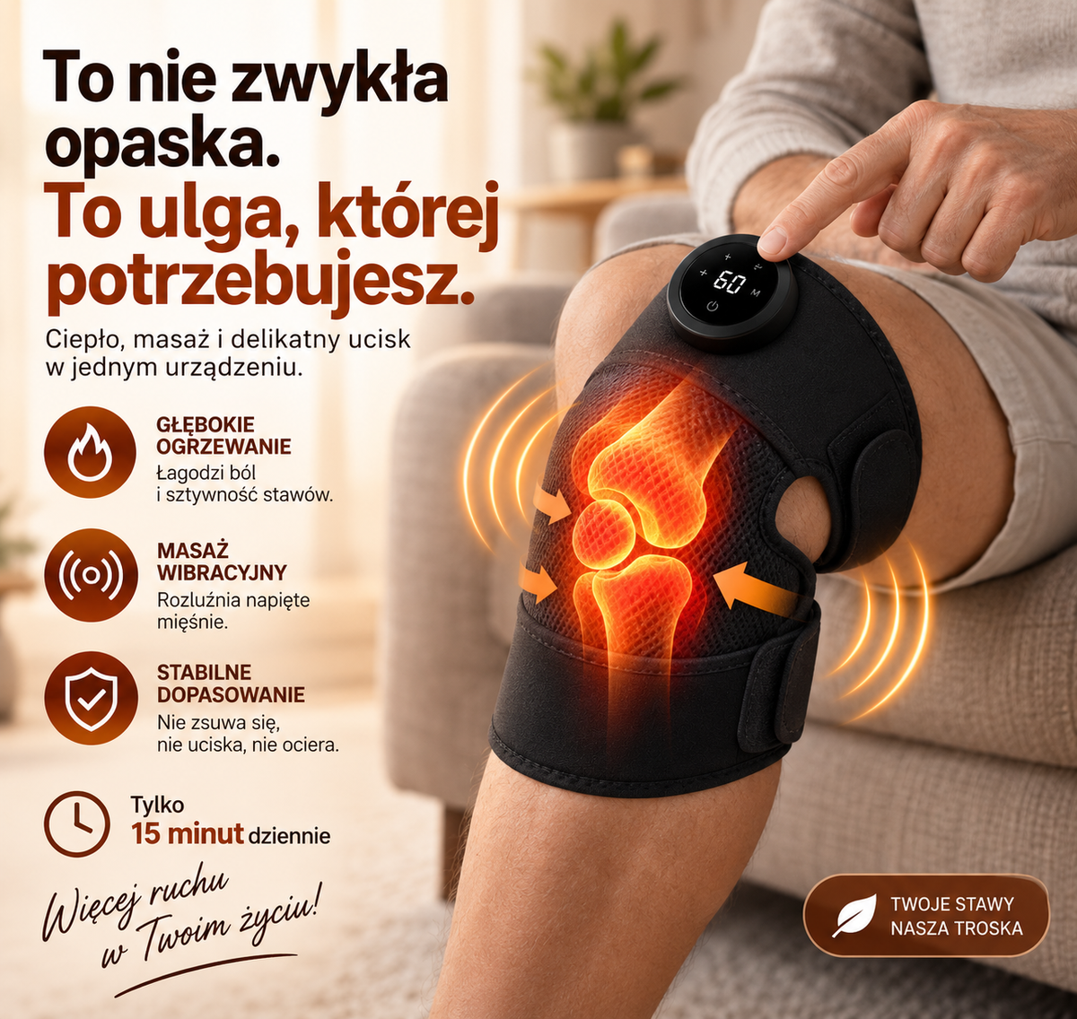 Opaska rozgrzewająca na kolano 3w1: ciepło, masaż, ucisk